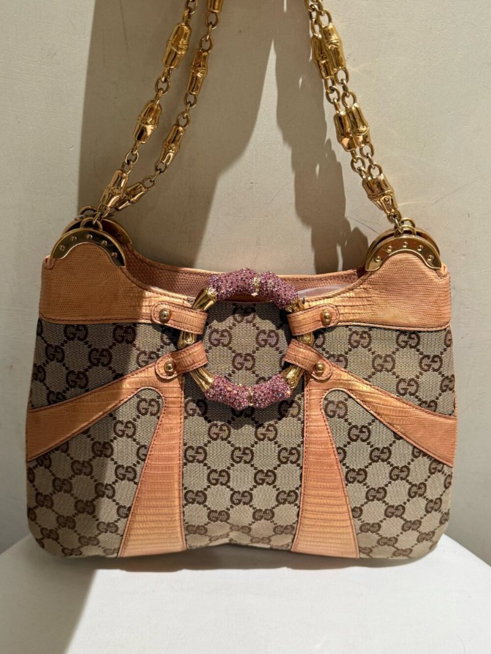 Gucci Tom Ford Era GG Canvas Vintage Shoulder Bag with Pink Crystal Bamboo Ring - Picture 5 of 9